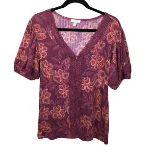 Como Blu Crochet Boho V-neck Puff Short Sleeve Cottagecore Lightweight Top Sz L